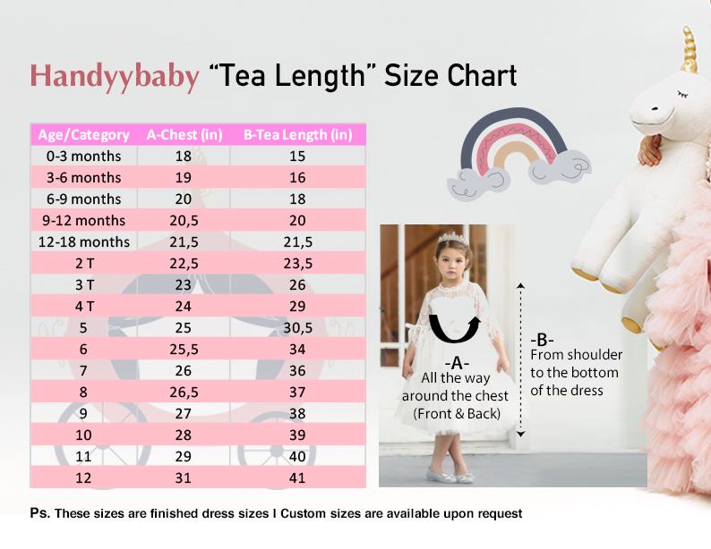 HandyyBaby dress size chart showing chest and dress length measurements with illustrated measuring guide