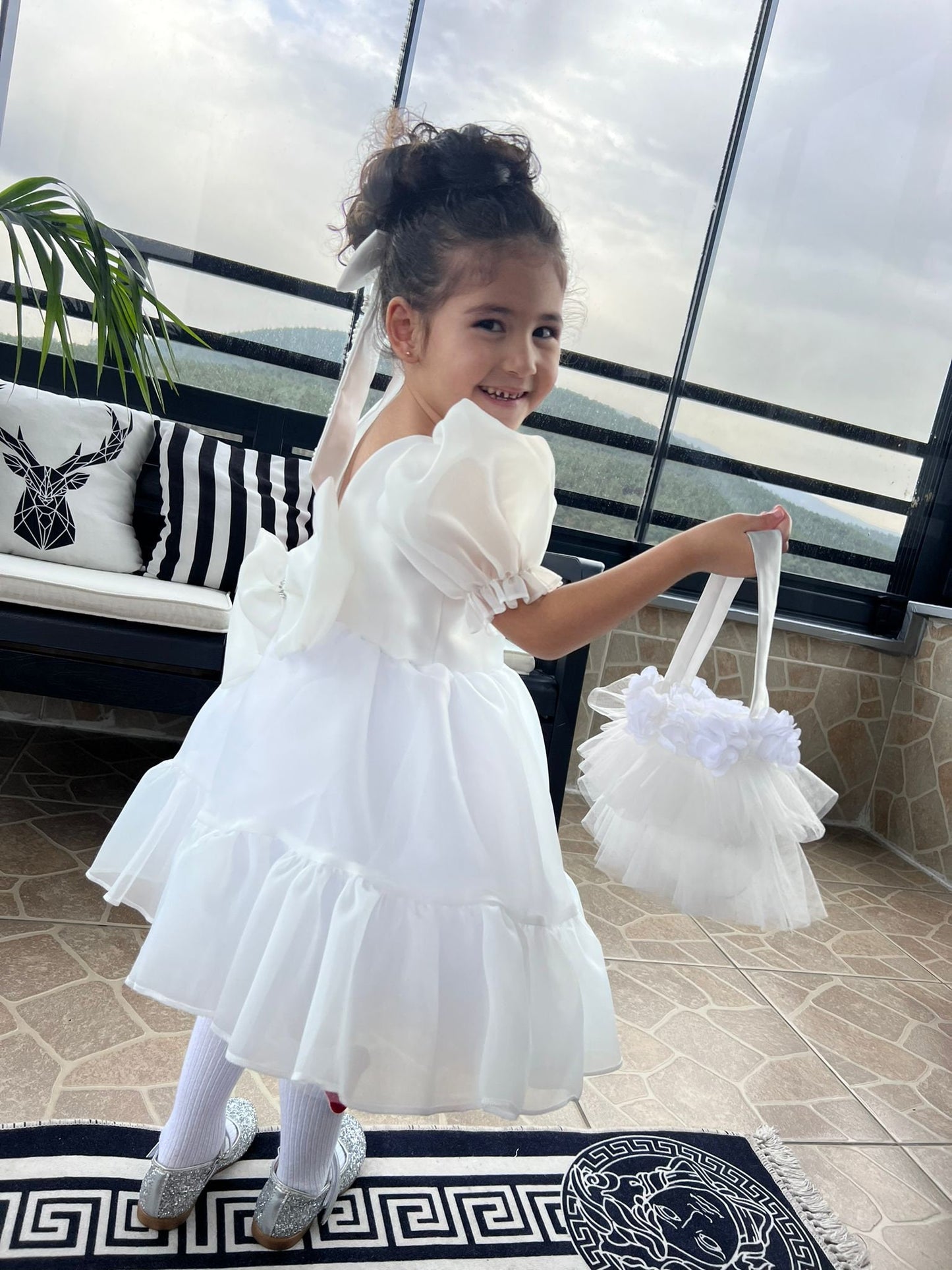 White Organza Flower Girl Dress with Bow: First Communion, Party Dress