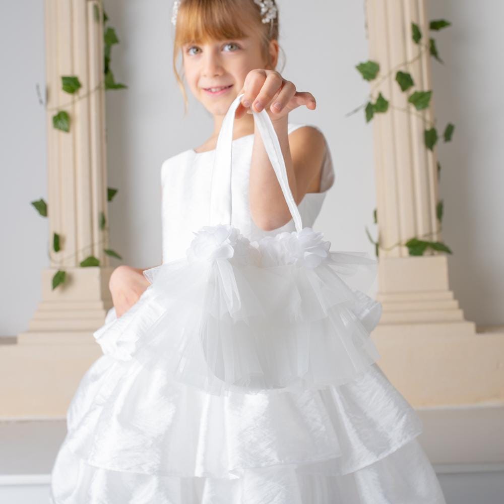 White Satin Flower Girl Dress: Detachable Train, V-Cut Back