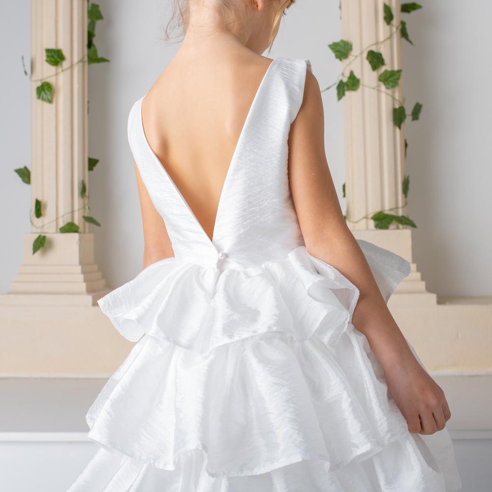 White Satin Flower Girl Dress: Detachable Train, V-Cut Back
