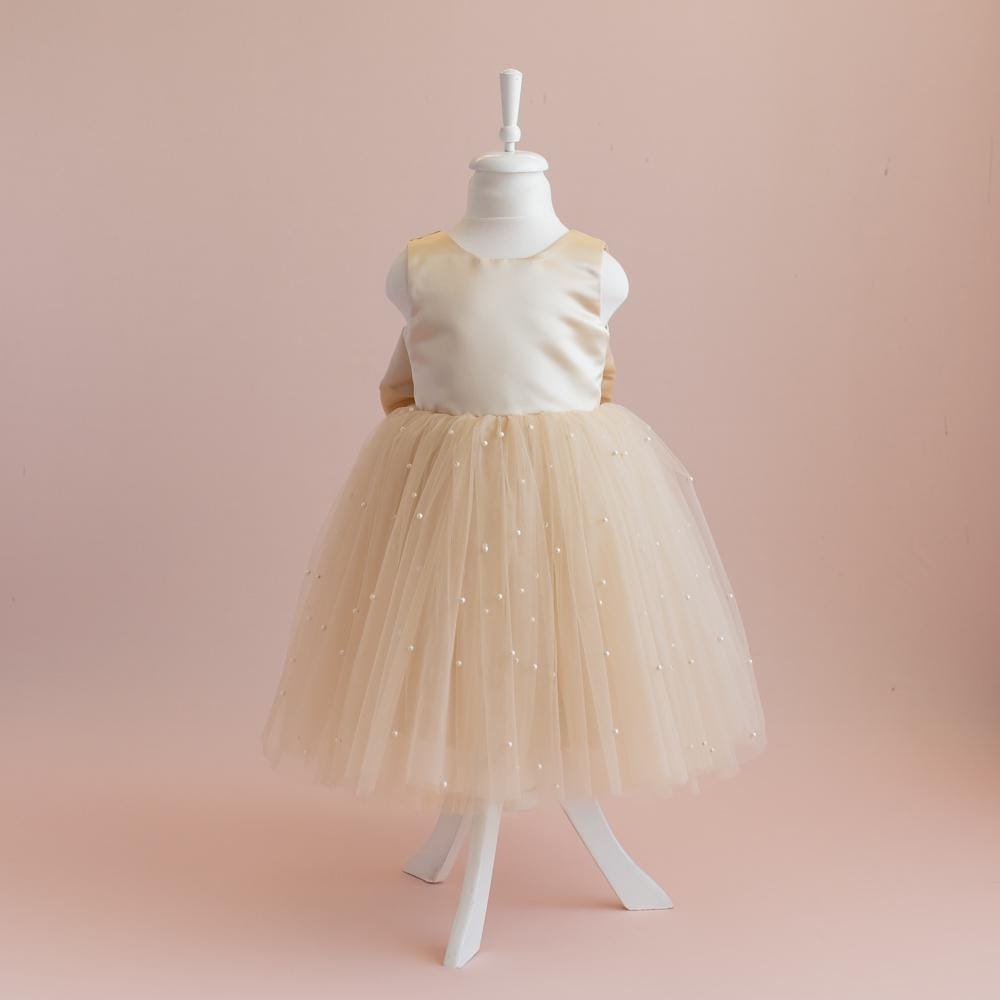 Champagne Pearl Tulle Flower Girl Dress: Elegant Satin Bow Gown