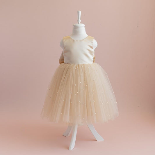 Champagne Pearl Tulle Flower Girl Dress: Elegant Satin Bow Gown