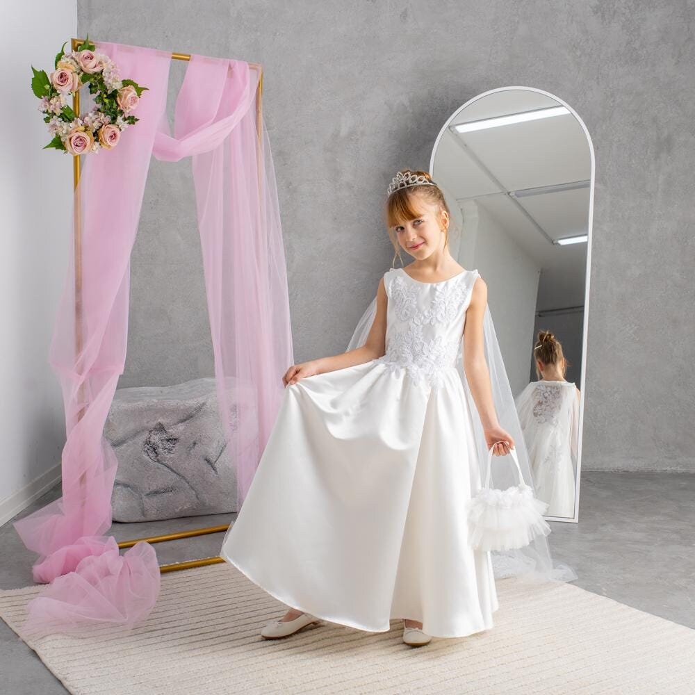 White Satin Flower Girl Dress: Tulle Cape, Lace Appliqués & Handbag