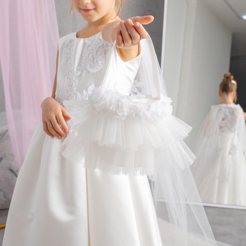 White Satin Flower Girl Dress: Tulle Cape, Lace Appliqués & Handbag