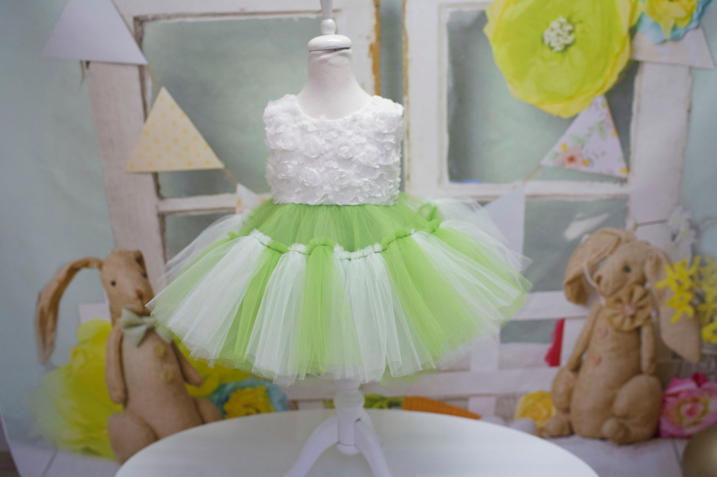 Princess Green and White Tulle Dress: Baby Wedding, First Birthday