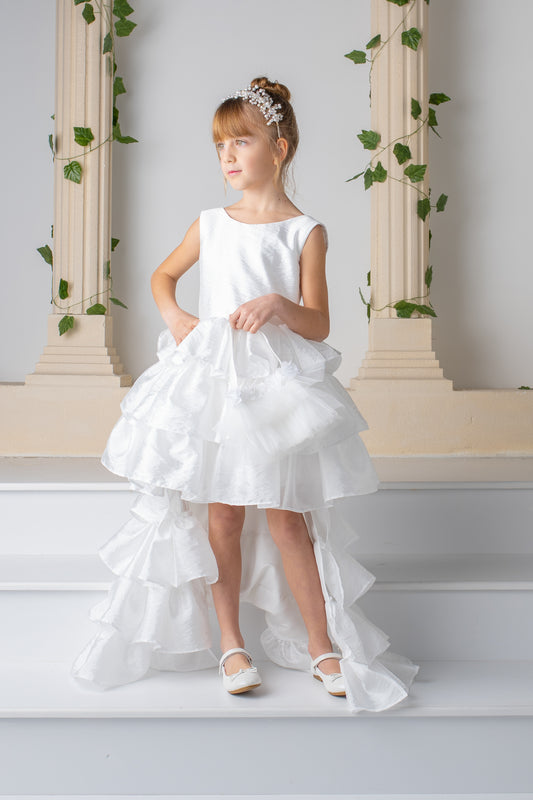 White Satin Flower Girl Dress: Detachable Train, V-Cut Back