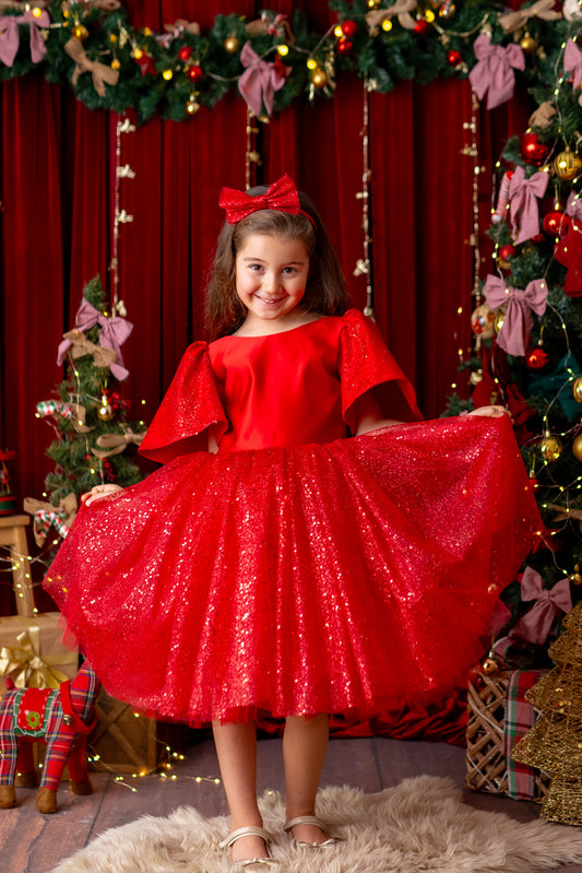 Red Satin Flower Girl Dress, Sparkly Christmas Holiday Dress