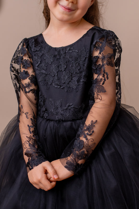 Black Lace Tulle Flower Girl Dress: V-Back Satin Bow Gown
