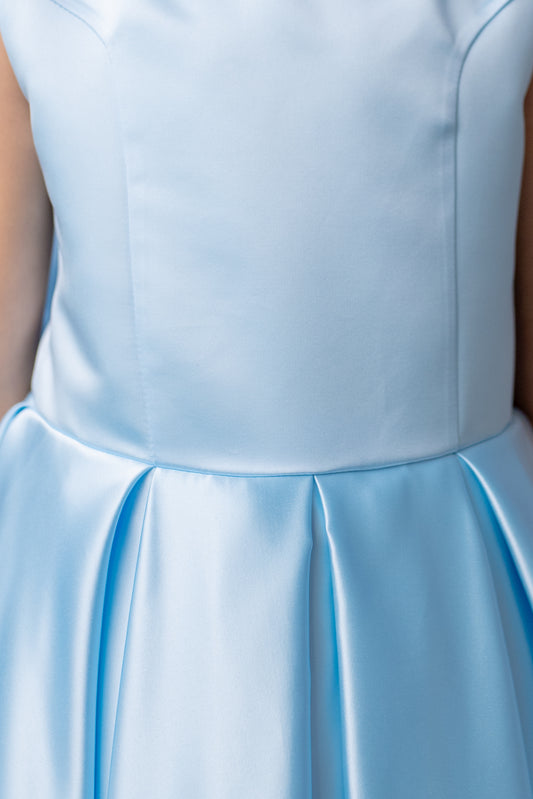 Baby Blue Satin Flower Girl Dress: V-Back Wedding Gown with Bow