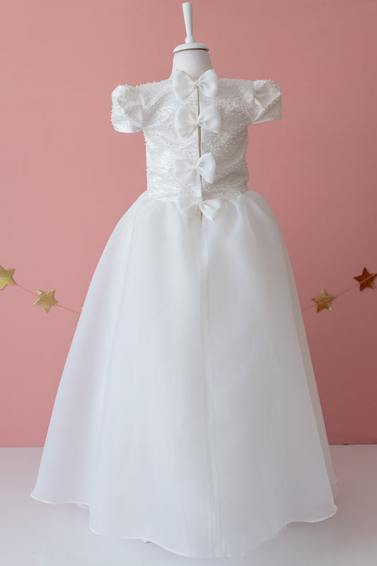 Elegant Off-White Flower Girl Dress with Pearls, Satin Bows