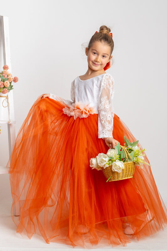 Burnt Orange Tulle Flower Girl Dress, Lace V-Back, Fall Wedding
