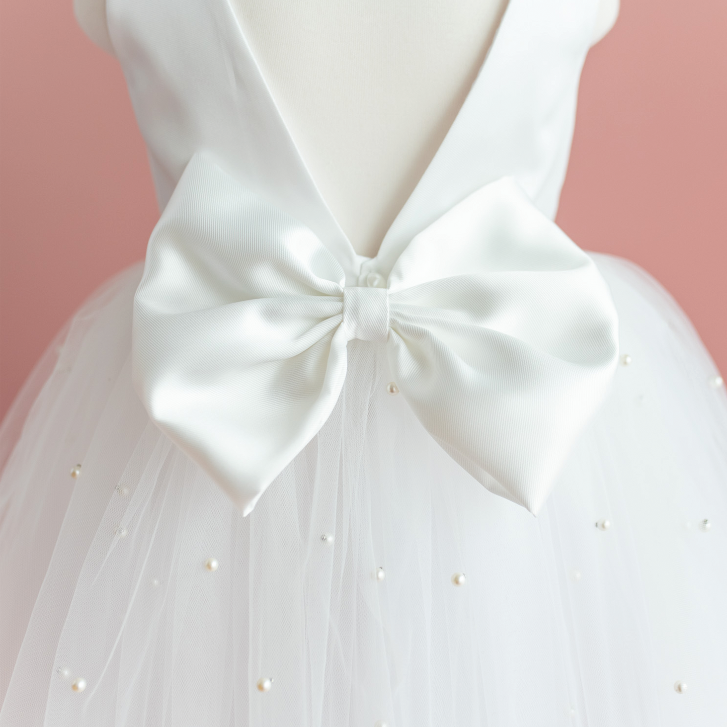 Pearl Tulle Flower Girl Dress: V-Neck Satin Bow Wedding Dress