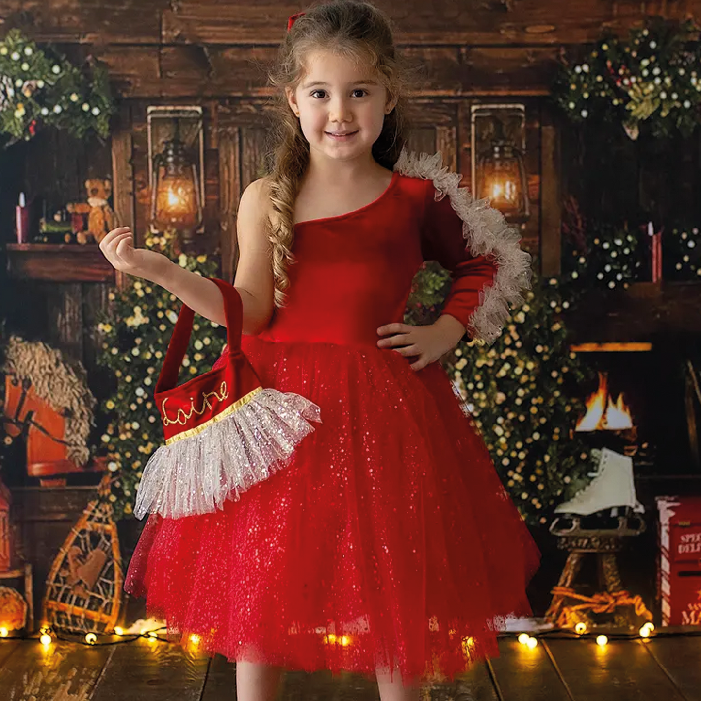 Red Velvet Christmas Dress: Shiny Tulle Dress with Personalized Bag