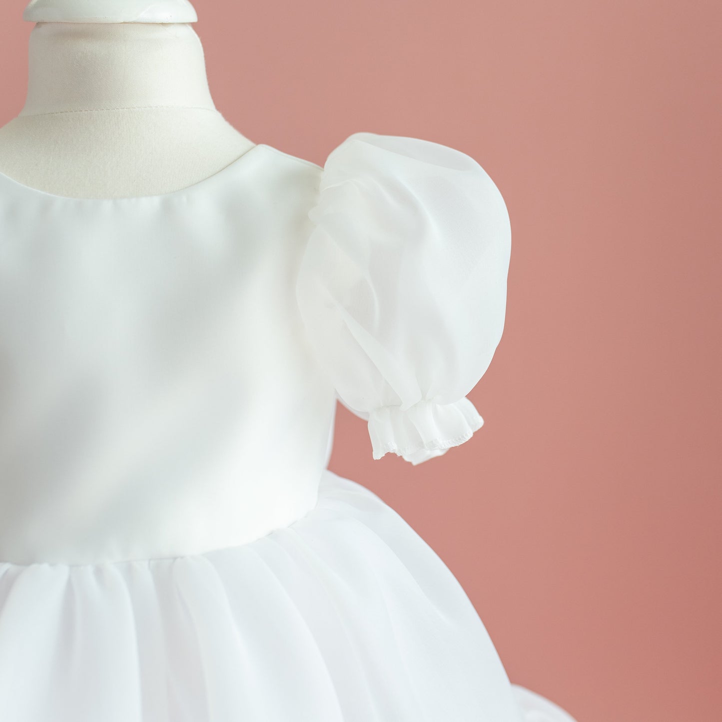 White Organza Flower Girl Dress with Bow: First Communion, Party Dress