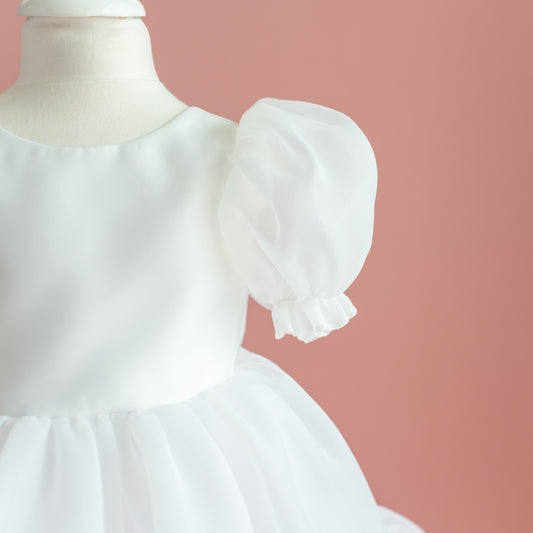 White Organza Flower Girl Dress with Bow: First Communion, Party Dress