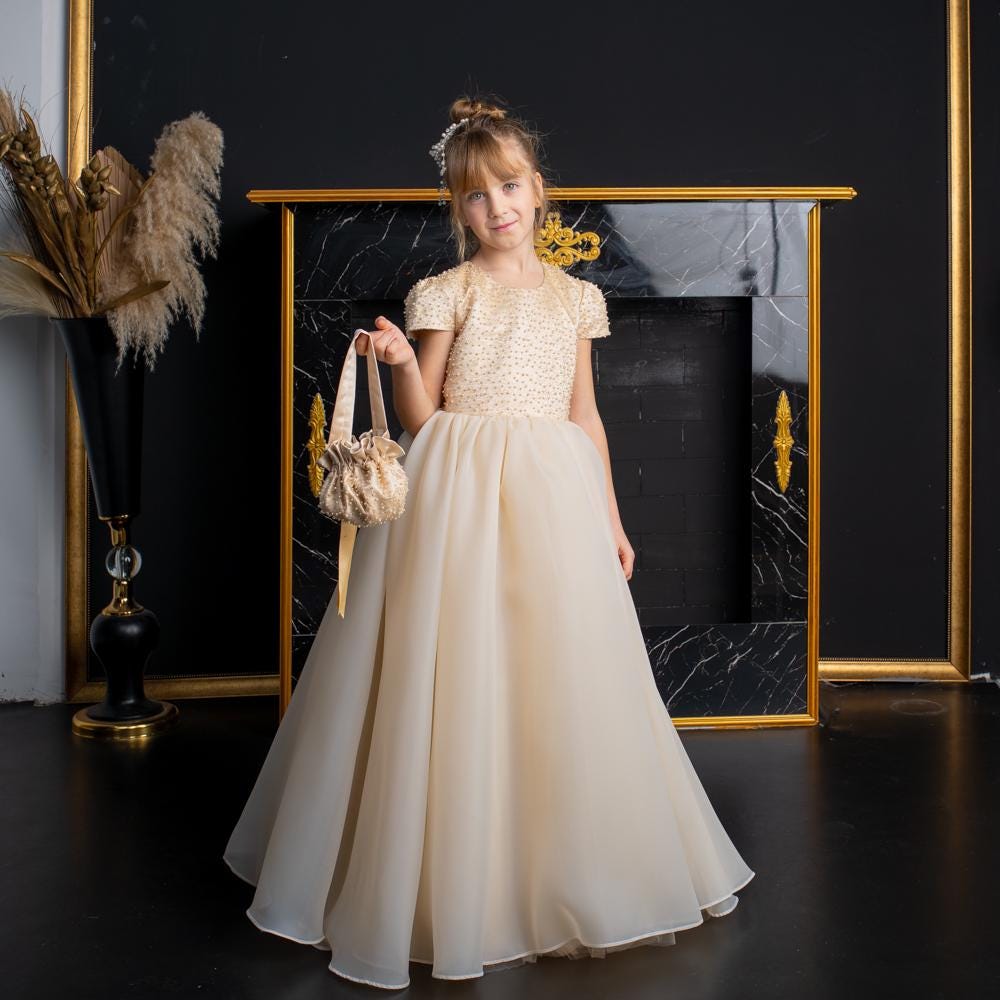 Elegant Champagne Floor-Length Flower Girl Dress with Pearls,Bows