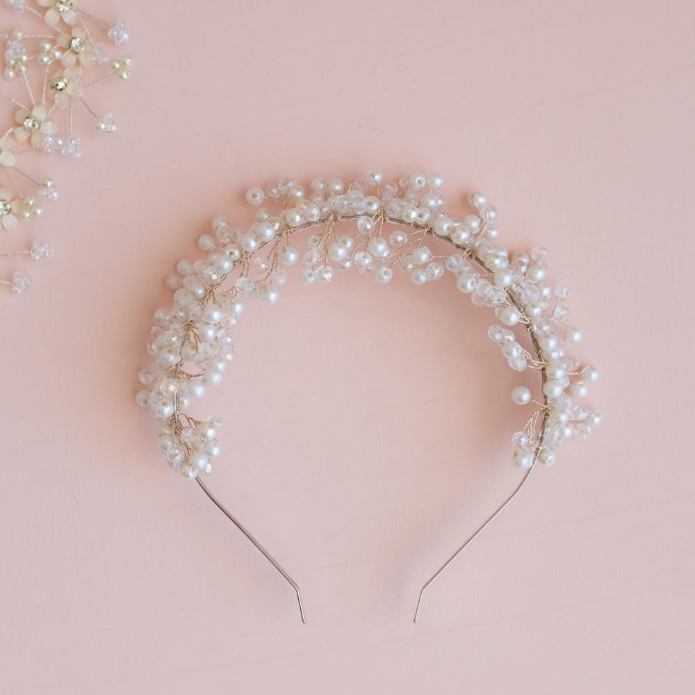 Handmade Pearl Wedding Hair Accessories: Headband, Vine, Comb & Bow