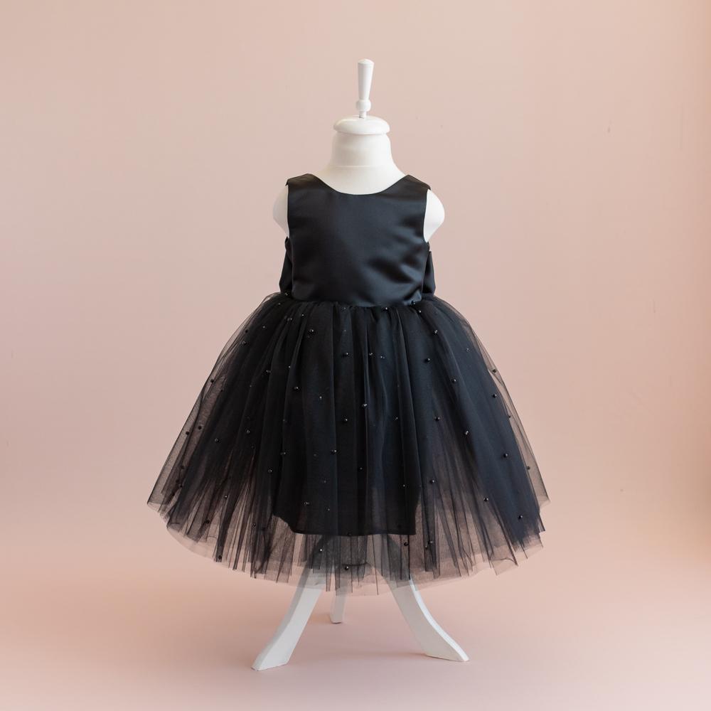 Black Pearl Tulle Flower Girl Dress: V-Back Satin Bow Gown