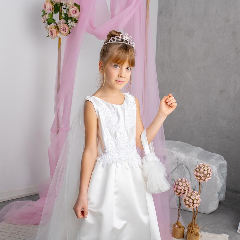 White Satin Flower Girl Dress: Tulle Cape, Lace Appliqués & Handbag
