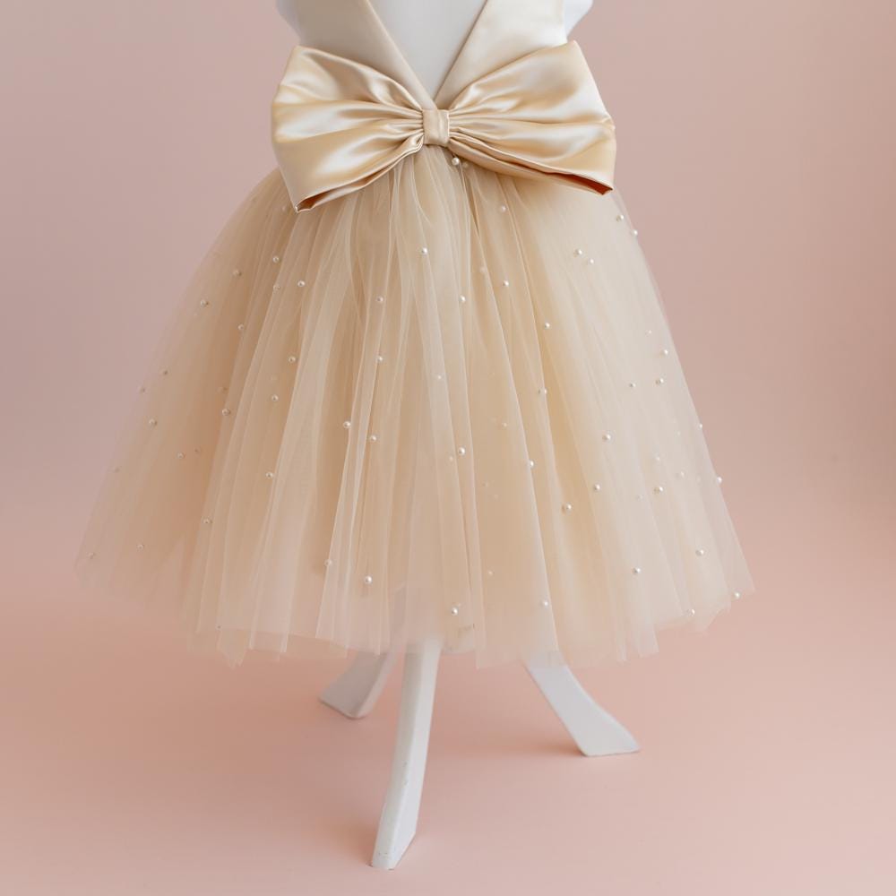 Champagne Pearl Tulle Flower Girl Dress: Elegant Satin Bow Gown