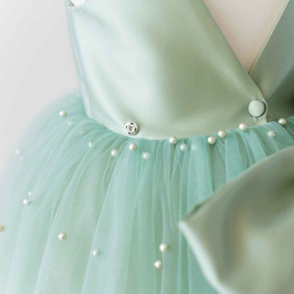 Sage Green Tulle Flower Girl Dress: Pearl Wedding Party Dress