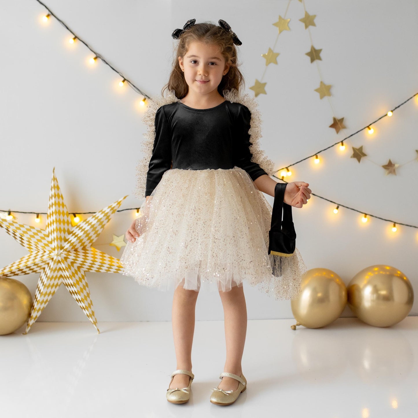 Black Velvet Baby Christmas Dress: Gold Tulle with Personalized Bag