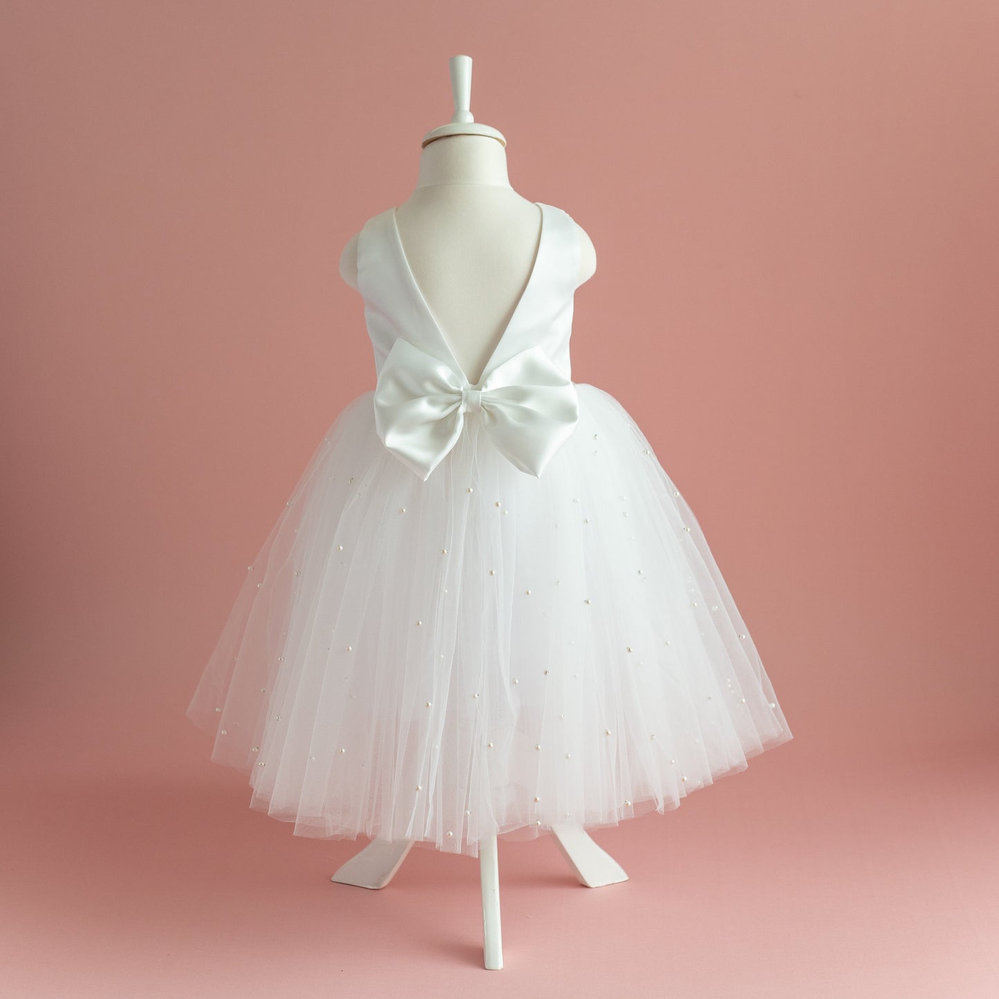 Pearl Tulle Flower Girl Dress: V-Neck Satin Bow Wedding Dress