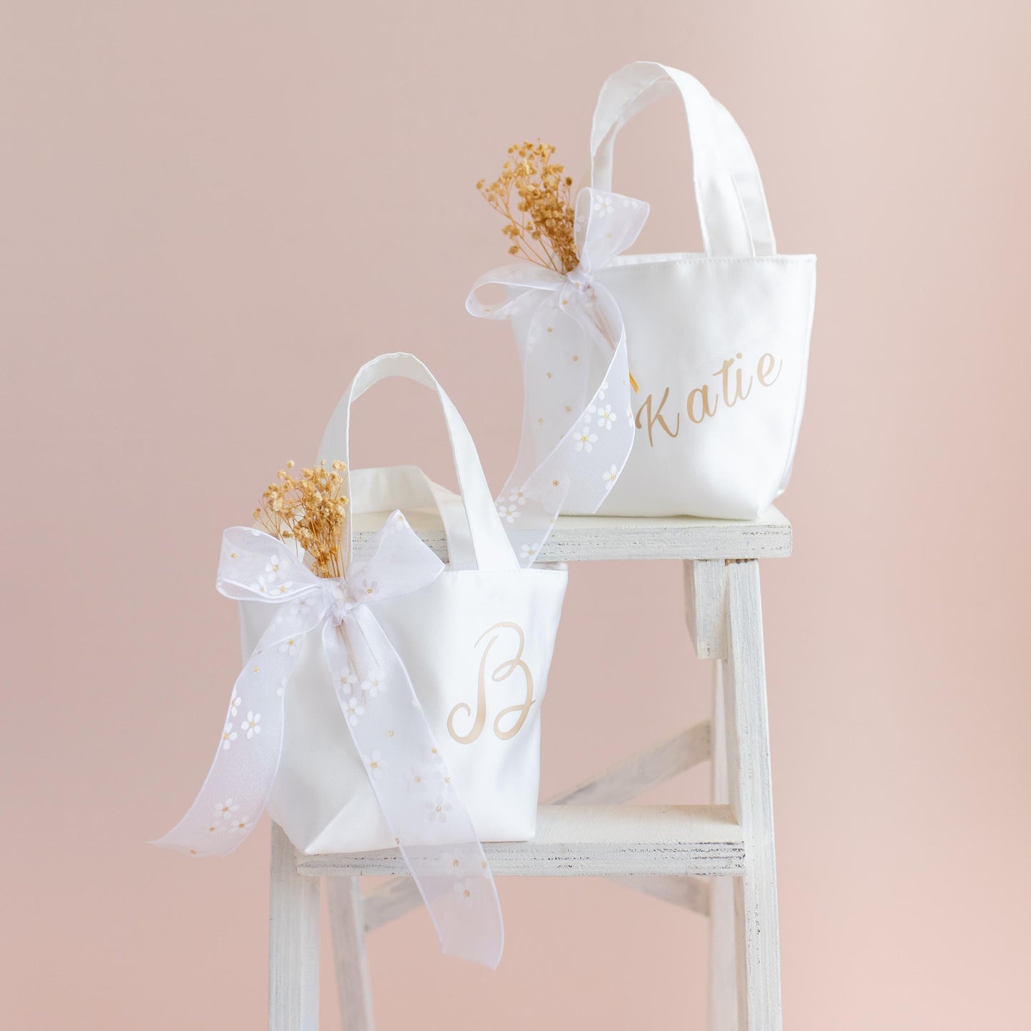 Personalized Satin Flower Girl Tote Bag: Heart Purse & Hair Bow Set
