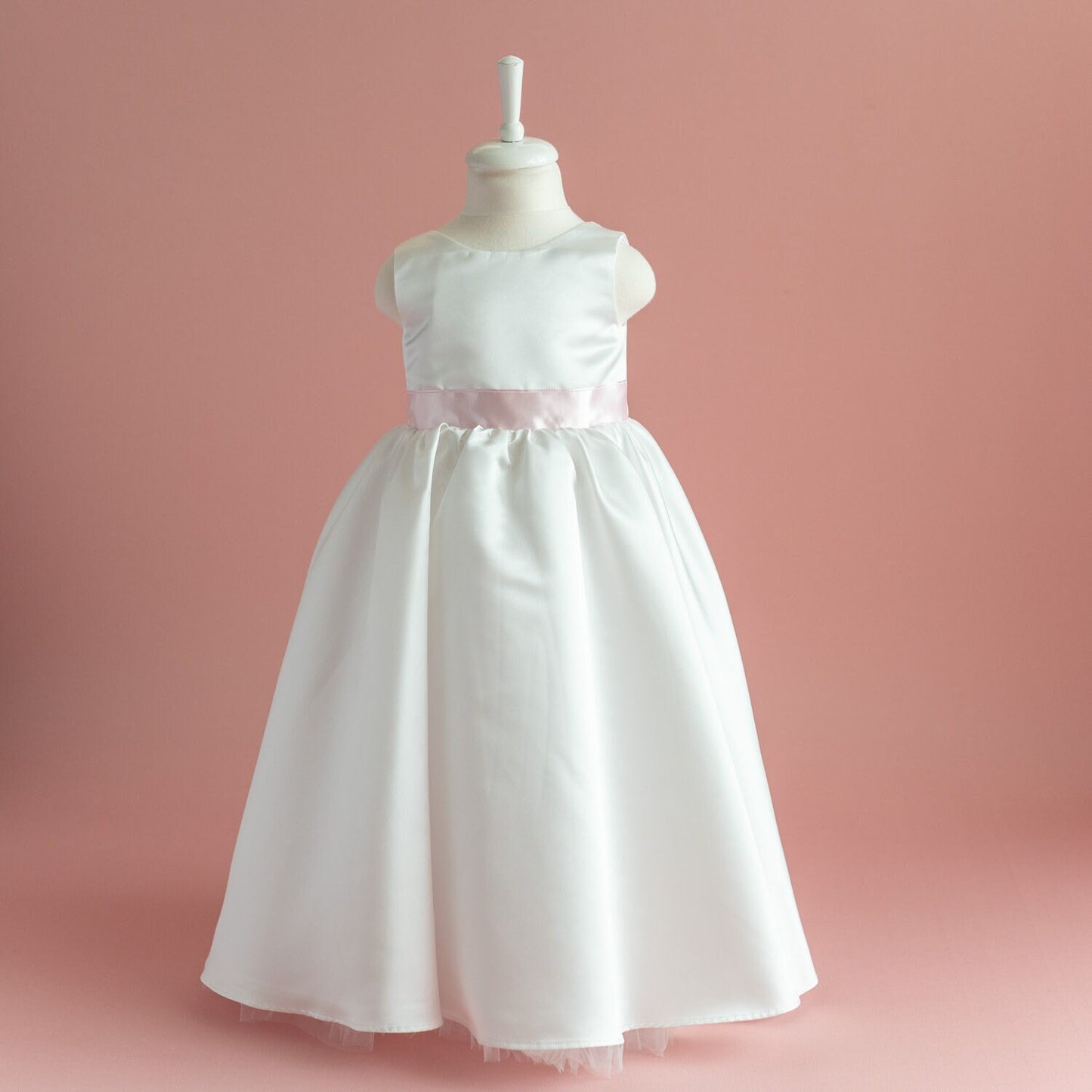 White Satin Flower Girl Dress: Big Bow, Floor Length