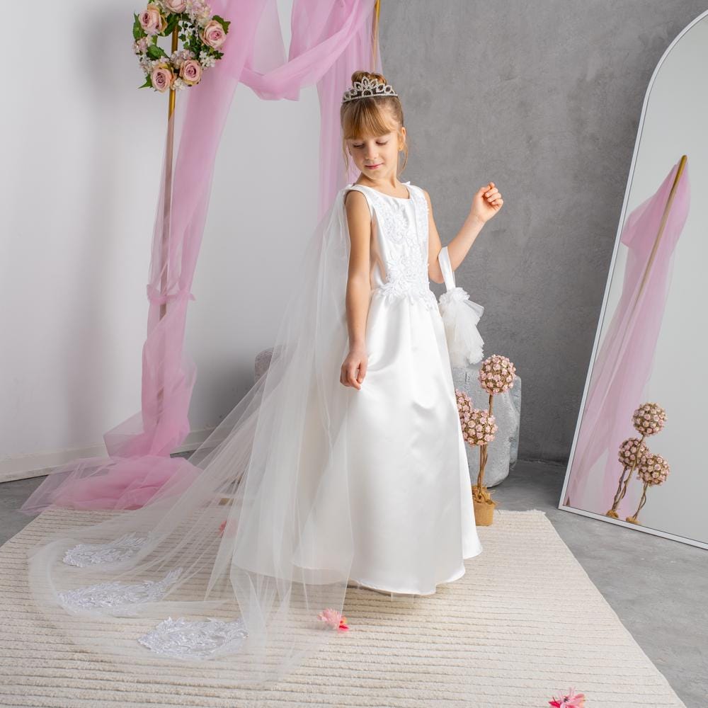 White Satin Flower Girl Dress: Tulle Cape, Lace Appliqués & Handbag