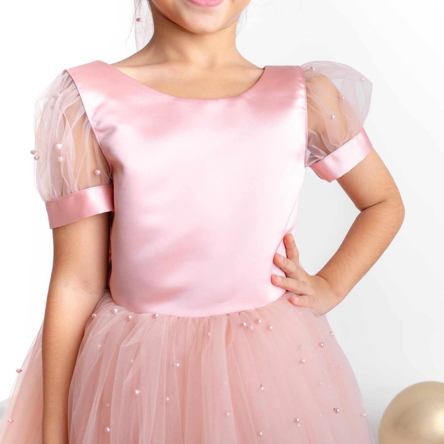 Blush Pearl Tulle Flower Girl Dress: V-Neck Communion, Baptism