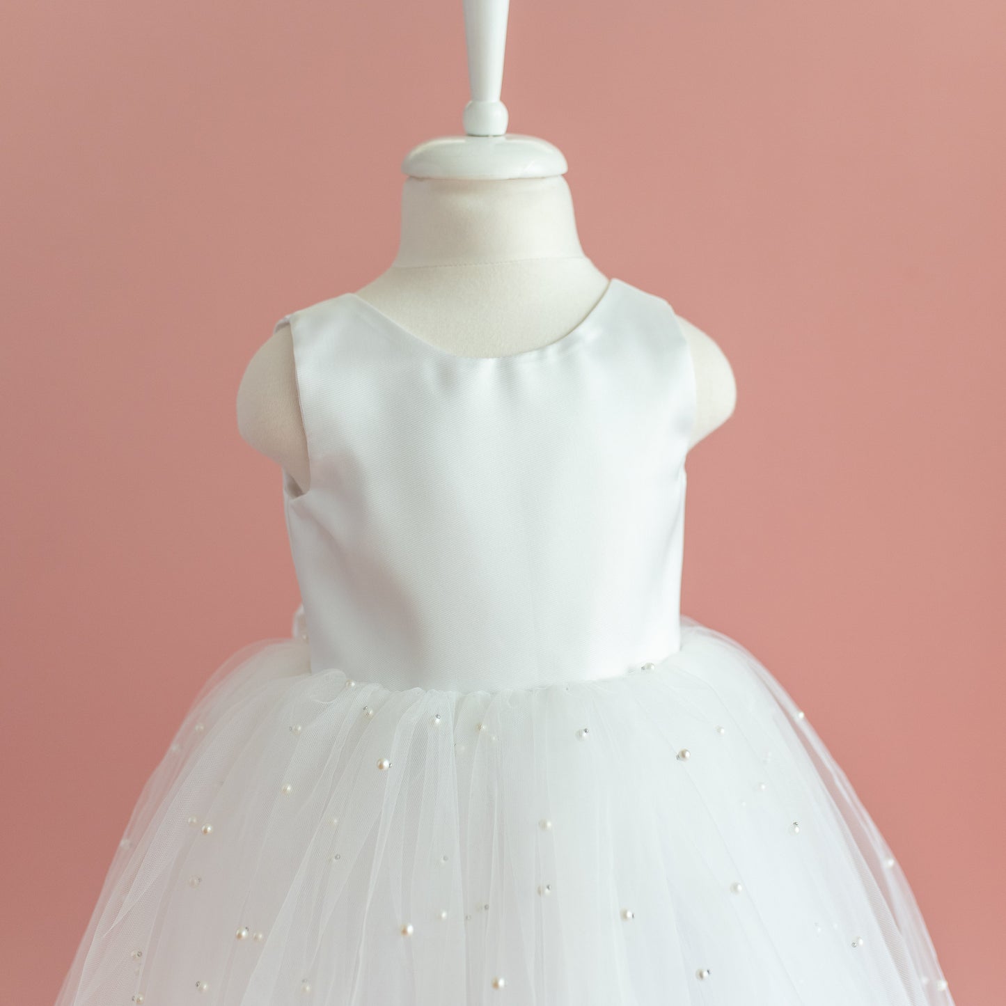 Pearl Tulle Flower Girl Dress: V-Neck Satin Bow Wedding Dress