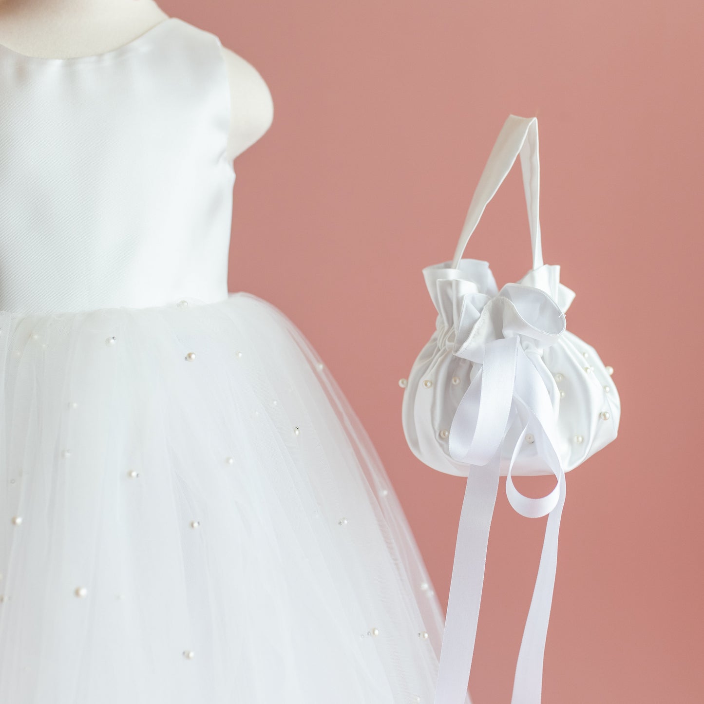 Pearl Tulle Flower Girl Dress: V-Neck Satin Bow Wedding Dress