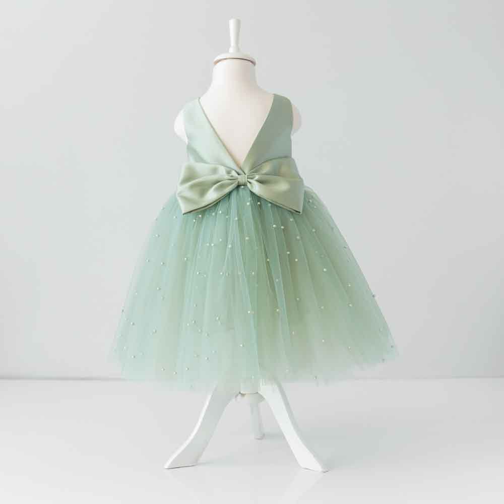 Sage Green Tulle Flower Girl Dress: Pearl Wedding Party Dress