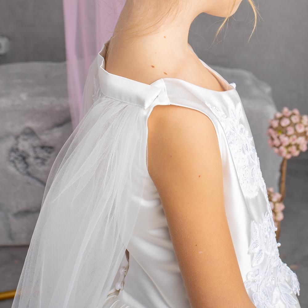 White Satin Flower Girl Dress: Tulle Cape, Lace Appliqués & Handbag
