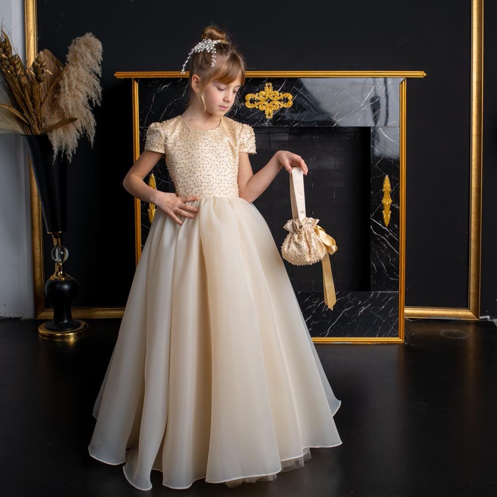 Elegant Champagne Floor-Length Flower Girl Dress with Pearls,Bows