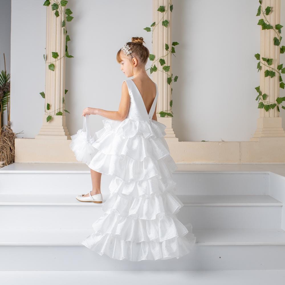 White Satin Flower Girl Dress: Detachable Train, V-Cut Back
