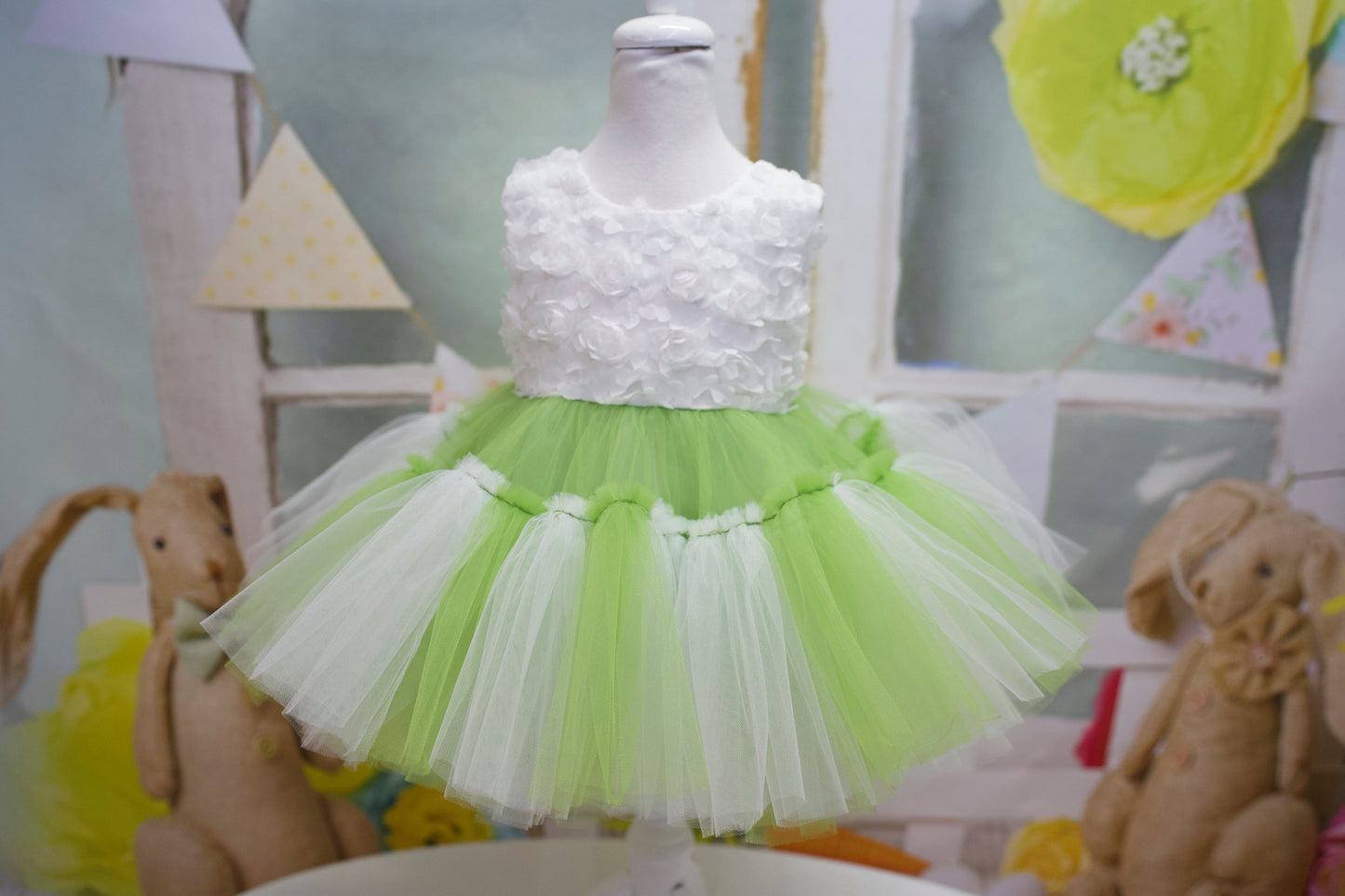 Princess Green and White Tulle Dress: Baby Wedding, First Birthday