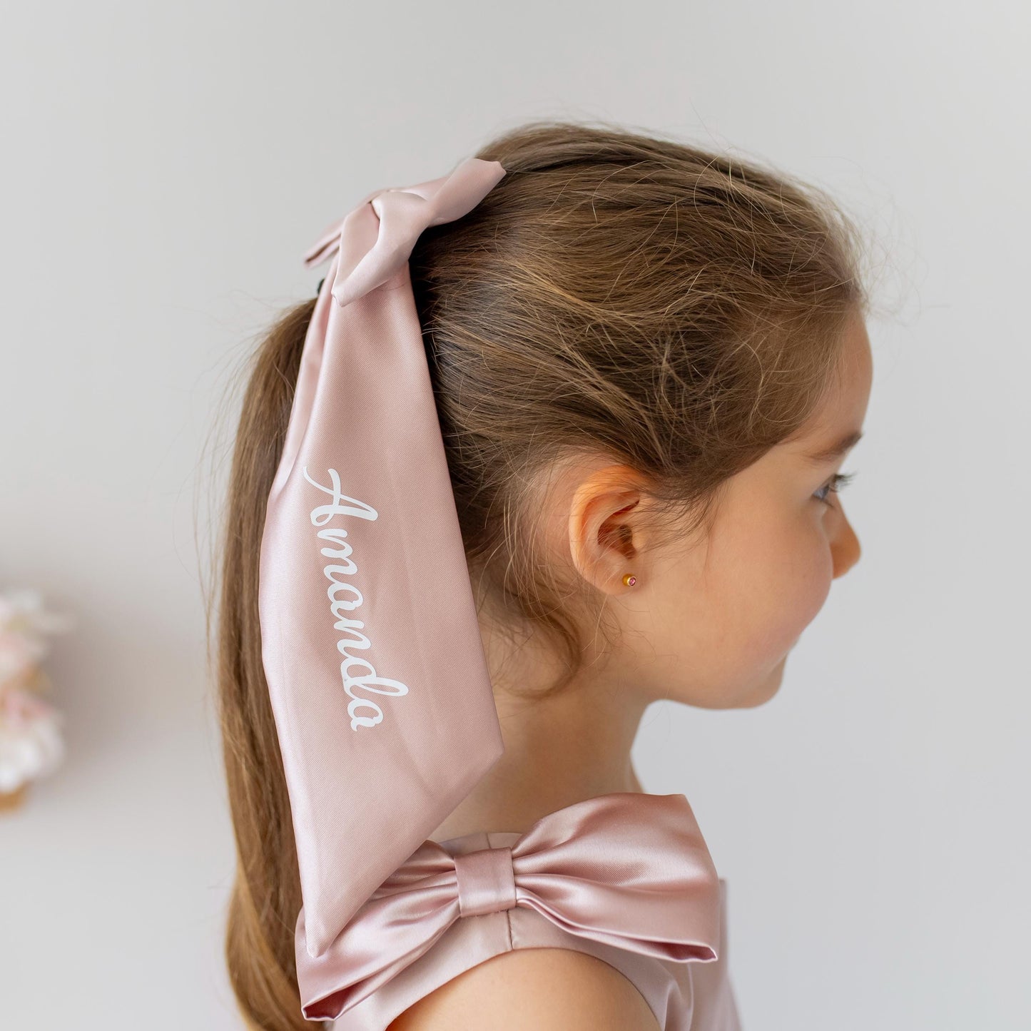 Blush Pink Pearl Tulle Flower Girl Dress: Satin Bodice, Bow Accent