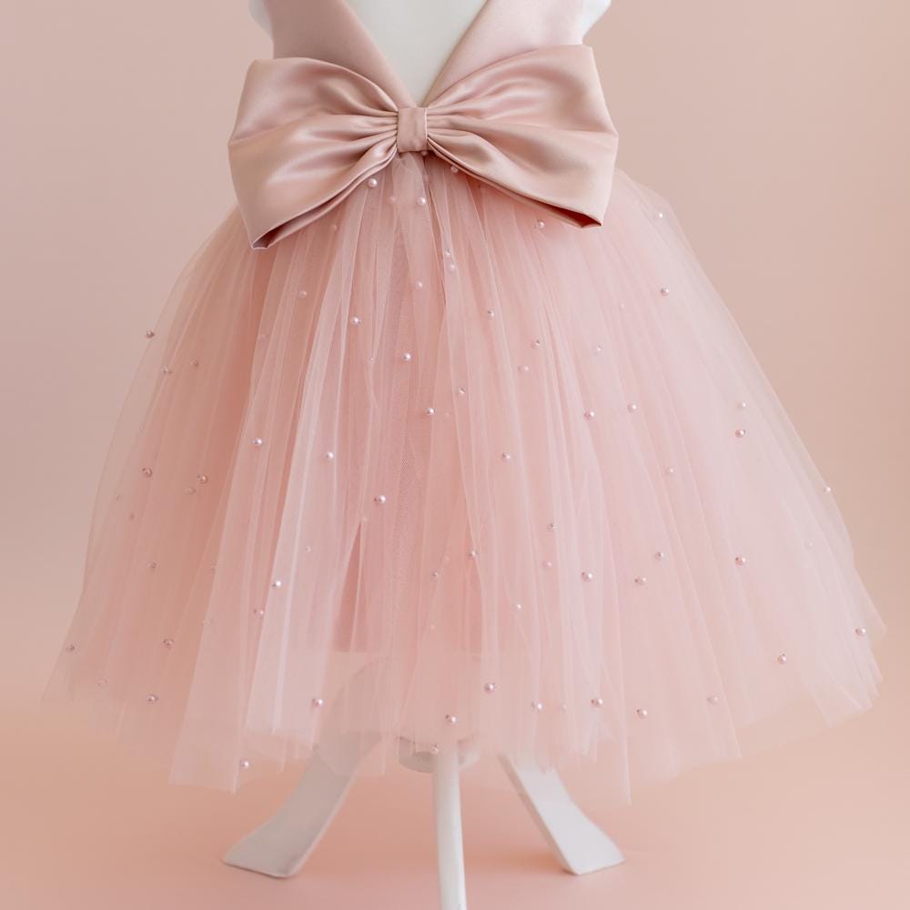 Blush Pink Pearl Tulle Flower Girl Dress: Satin Bodice, Bow Accent