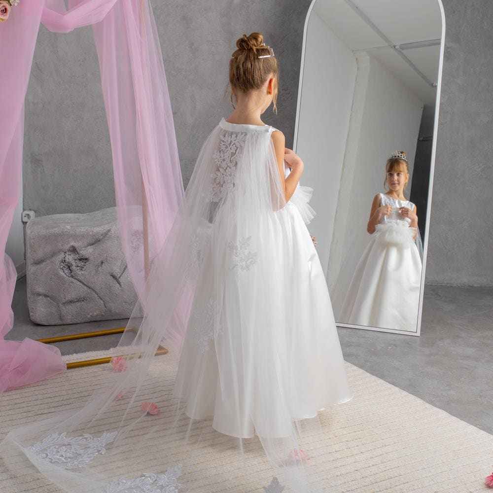 White Satin Flower Girl Dress: Tulle Cape, Lace Appliqués & Handbag