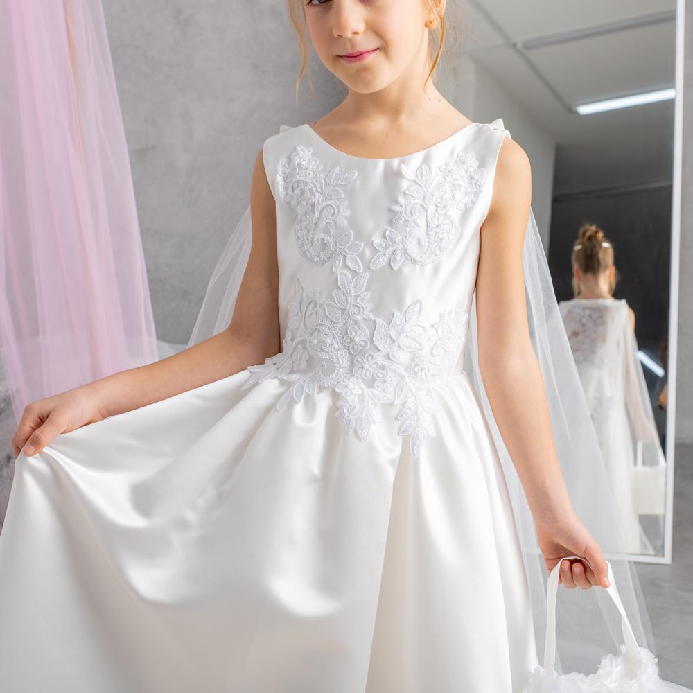 White Satin Flower Girl Dress: Tulle Cape, Lace Appliqués & Handbag