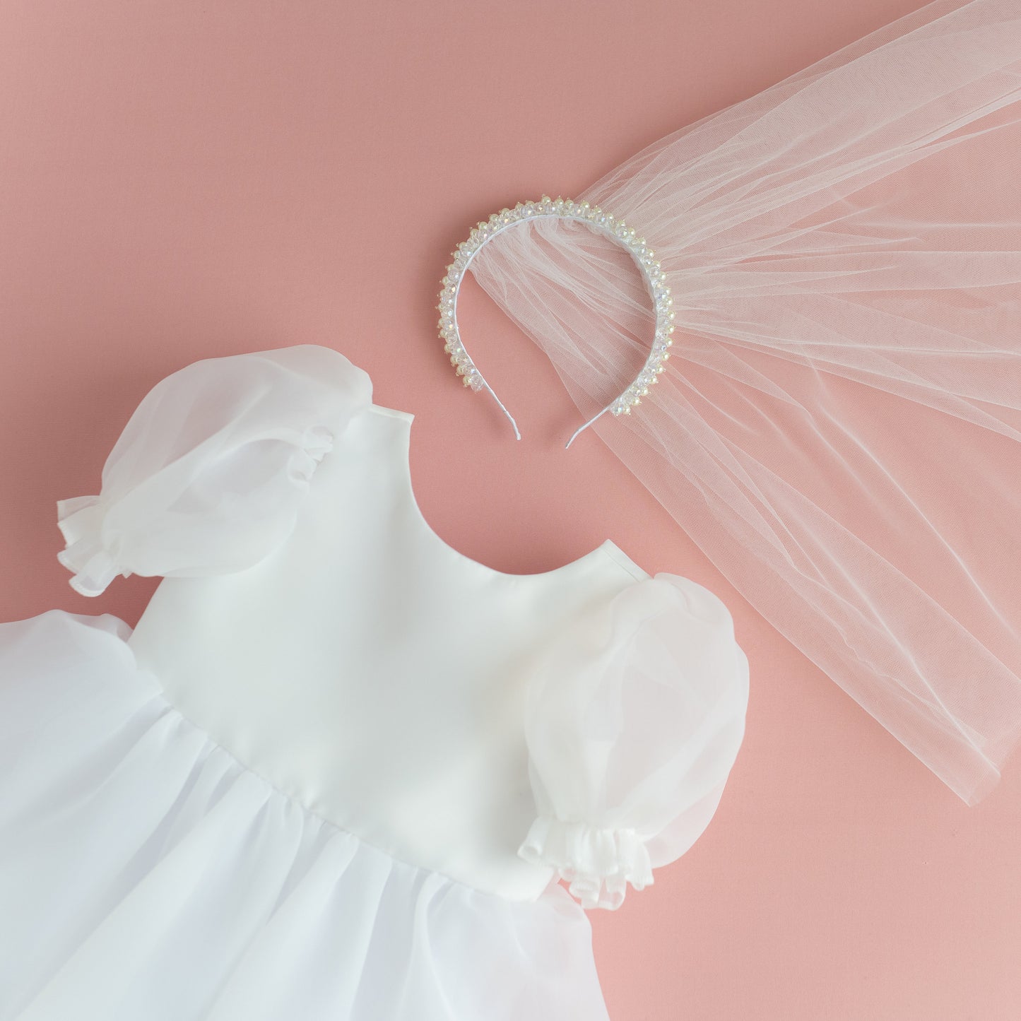 White Organza Flower Girl Dress with Bow: First Communion, Party Dress