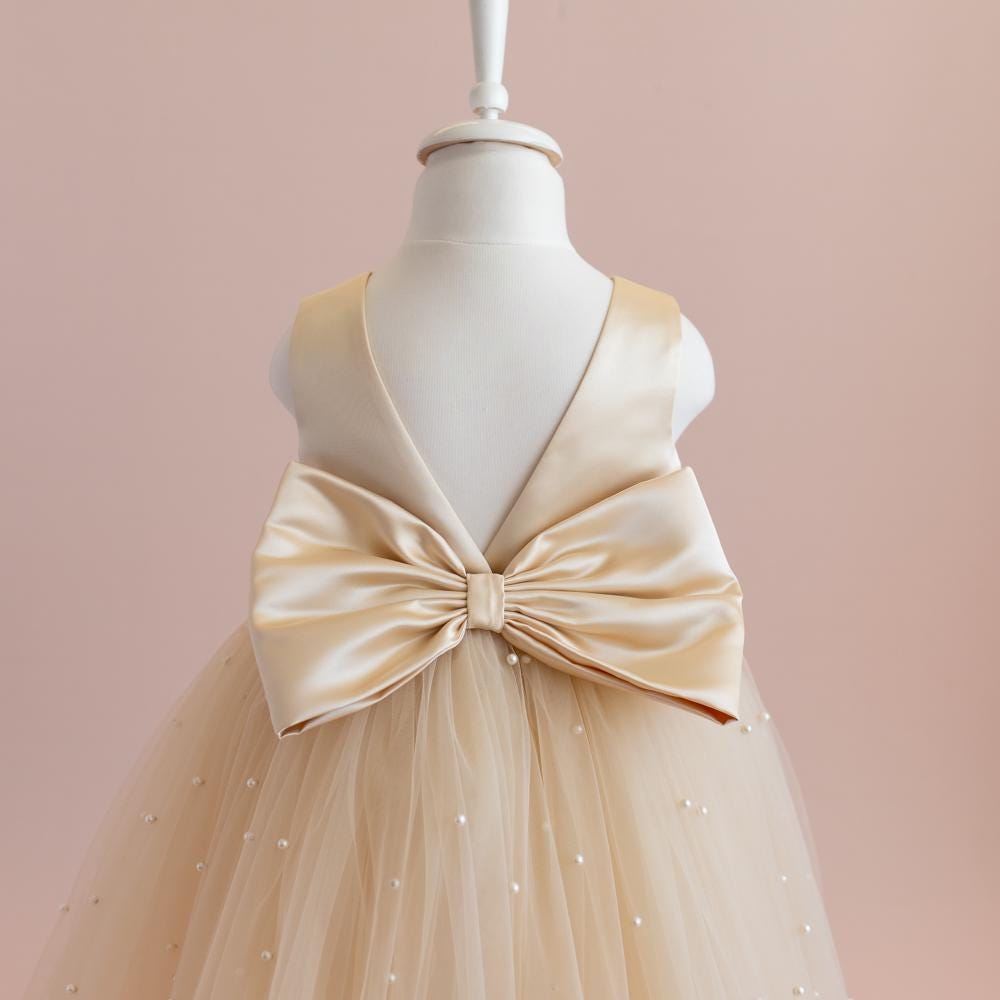 Champagne Pearl Tulle Flower Girl Dress: Elegant Satin Bow Gown