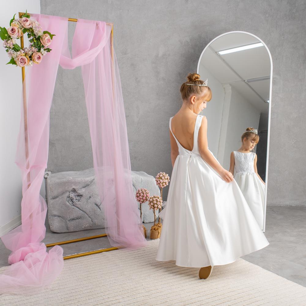 White Satin Flower Girl Dress: Tulle Cape, Lace Appliqués & Handbag