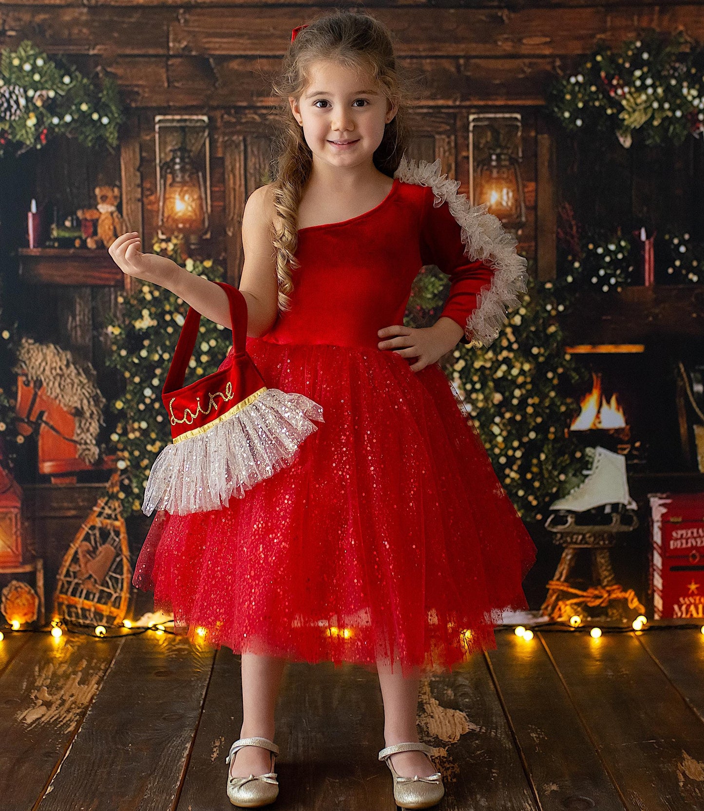 Red Velvet Christmas Dress: Shiny Tulle Dress with Personalized Bag
