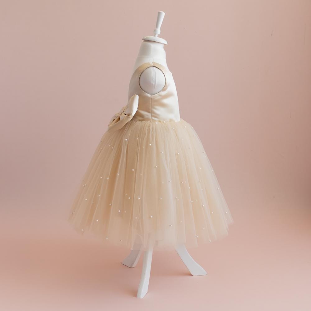 Champagne Pearl Tulle Flower Girl Dress: Elegant Satin Bow Gown