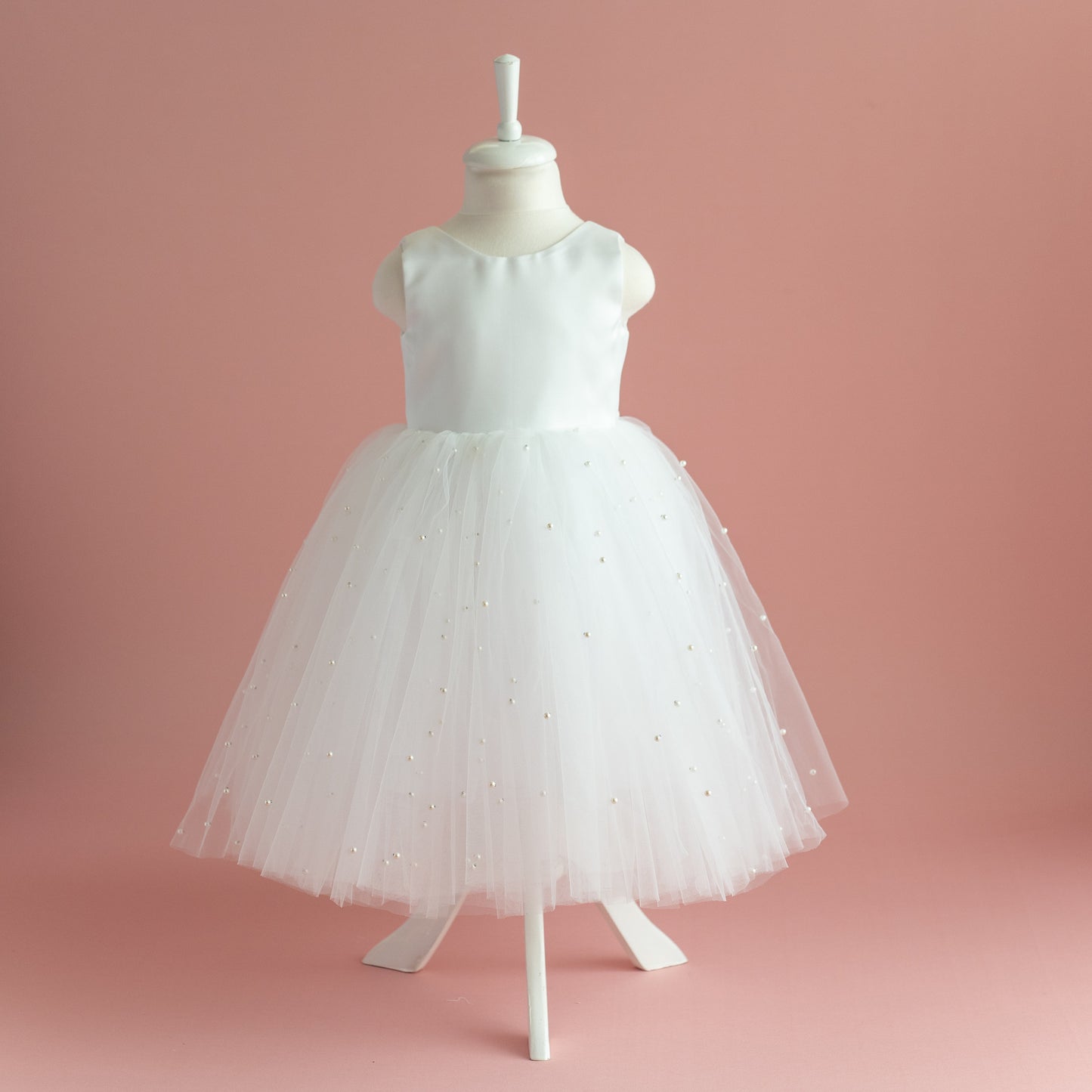 Pearl Tulle Flower Girl Dress: V-Neck Satin Bow Wedding Dress