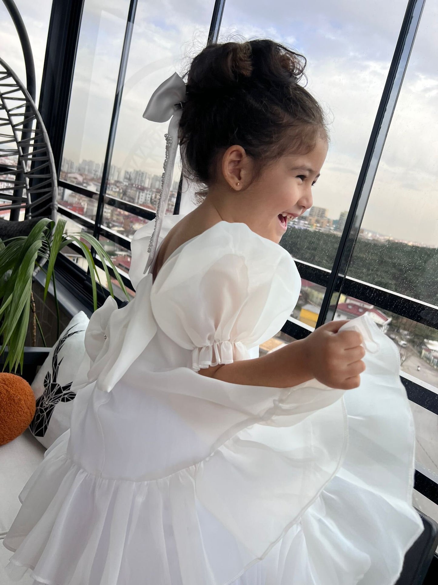 White Organza Flower Girl Dress with Bow: First Communion, Party Dress