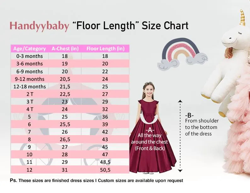 Size chart for blush pink flower girl dress to help choose the correct fit